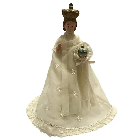 Vintage Infant of Prague Jesus Statue Chalkware Layer Gown Lace Trim Embroidered
